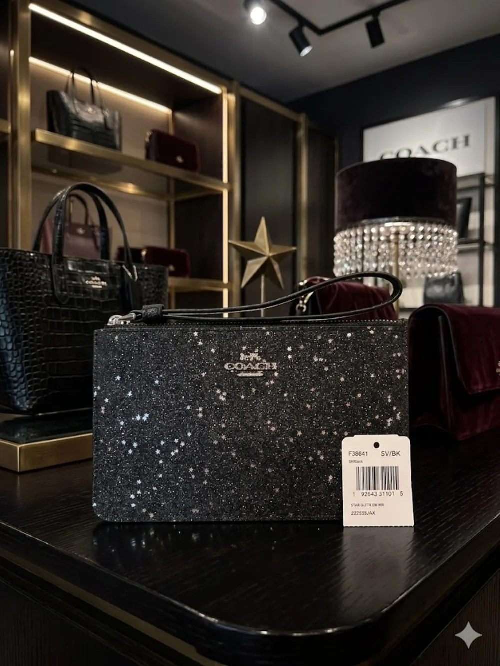 Coach Black Glitter Star Print Wristlet NWT - Picture 6 of 6